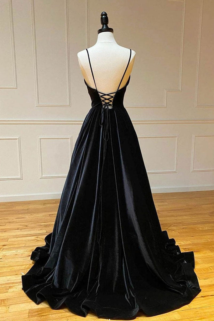 A Line V Neck Backless Black Velvet ...